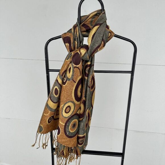 Y2K Earth-Tone Pashmina & Silk Geometric Scarf with Fringe, NWOT - Picture 2 of 5